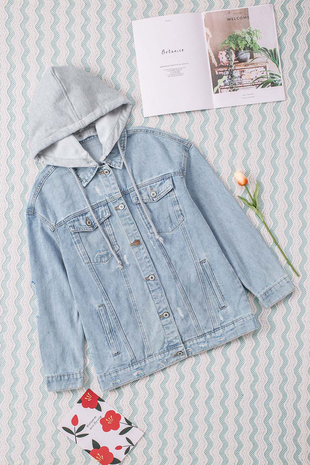 Distressed Hooded Denim Jacket - Scarlett's Riverside Boutique 