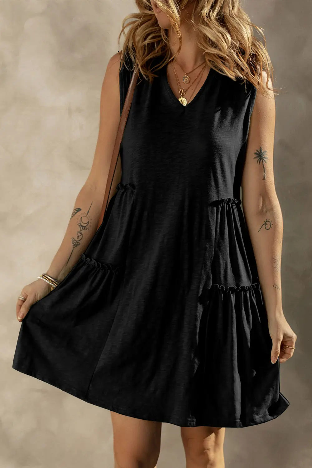 Black Split V Neck Tiered Flowy Sleeveless Dress - Scarlett's Riverside Boutique 