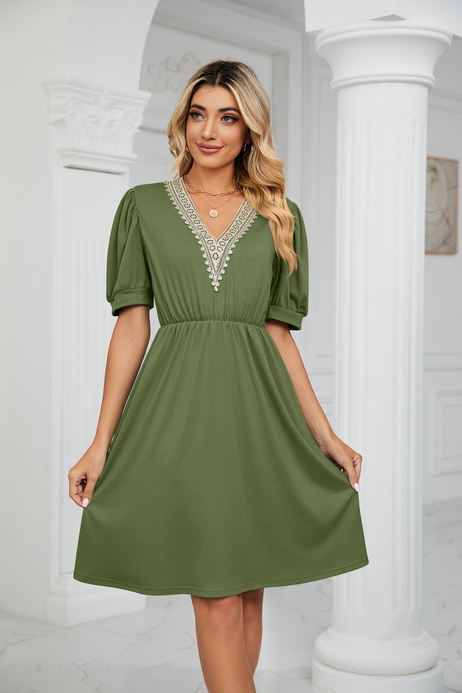 Contrast V-Neck Puff Sleeve Pocket Dress - Scarlett's Riverside Boutique 