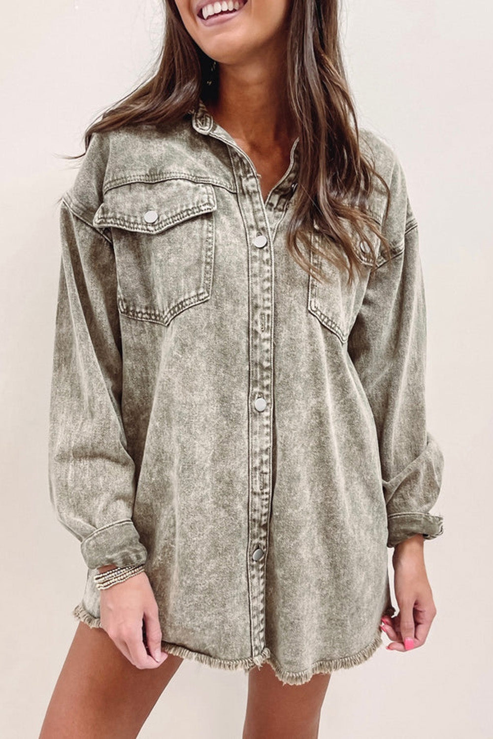 Sage Green Acid Wash Flap Pocket Raw Hem Tunic Denim Jacket - Scarlett's Riverside Boutique 