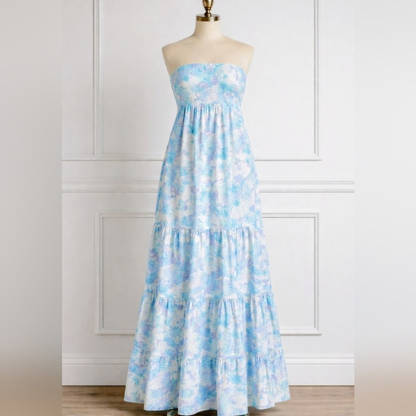 NWT Scarlett Strapless Blue Floral Maxi Dress Wedding Guest, Spring B65