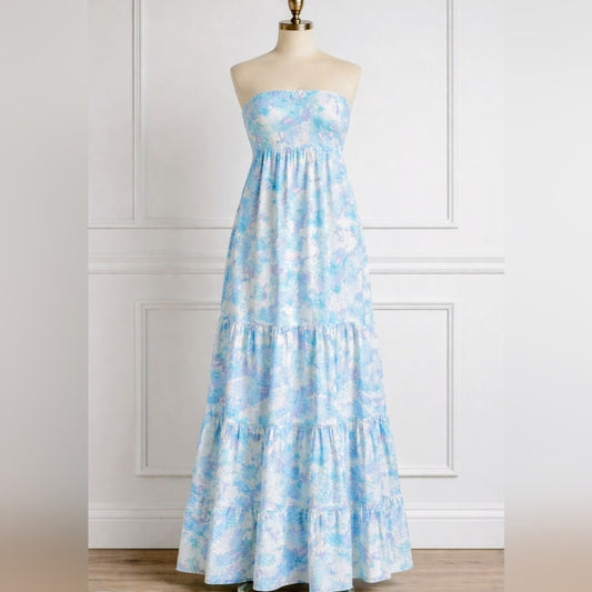 NWT Scarlett Strapless Blue Floral Maxi Dress Wedding Guest, Spring B65