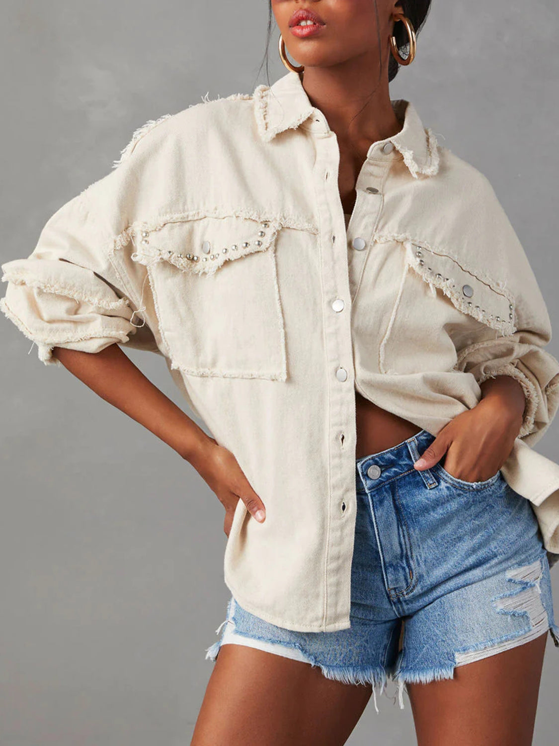 Button Down Raw Hem Denim Jacket - Scarlett's Riverside Boutique 