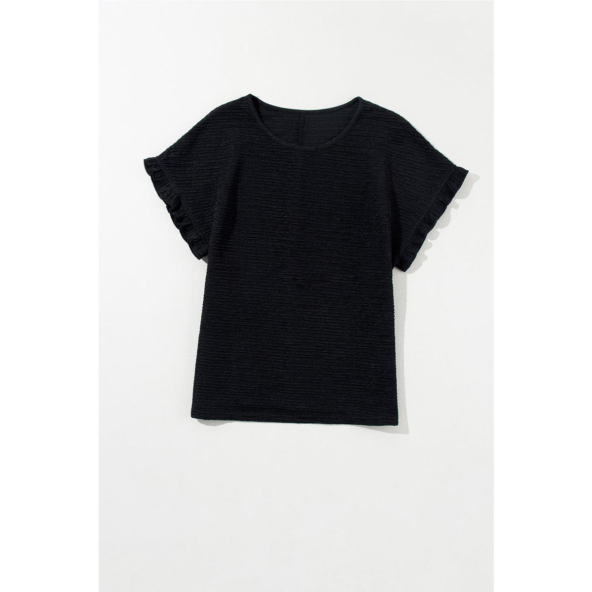 Black Solid Textured Ruffled Short Sleeve Blouse Fit Shirts Top Womenswear