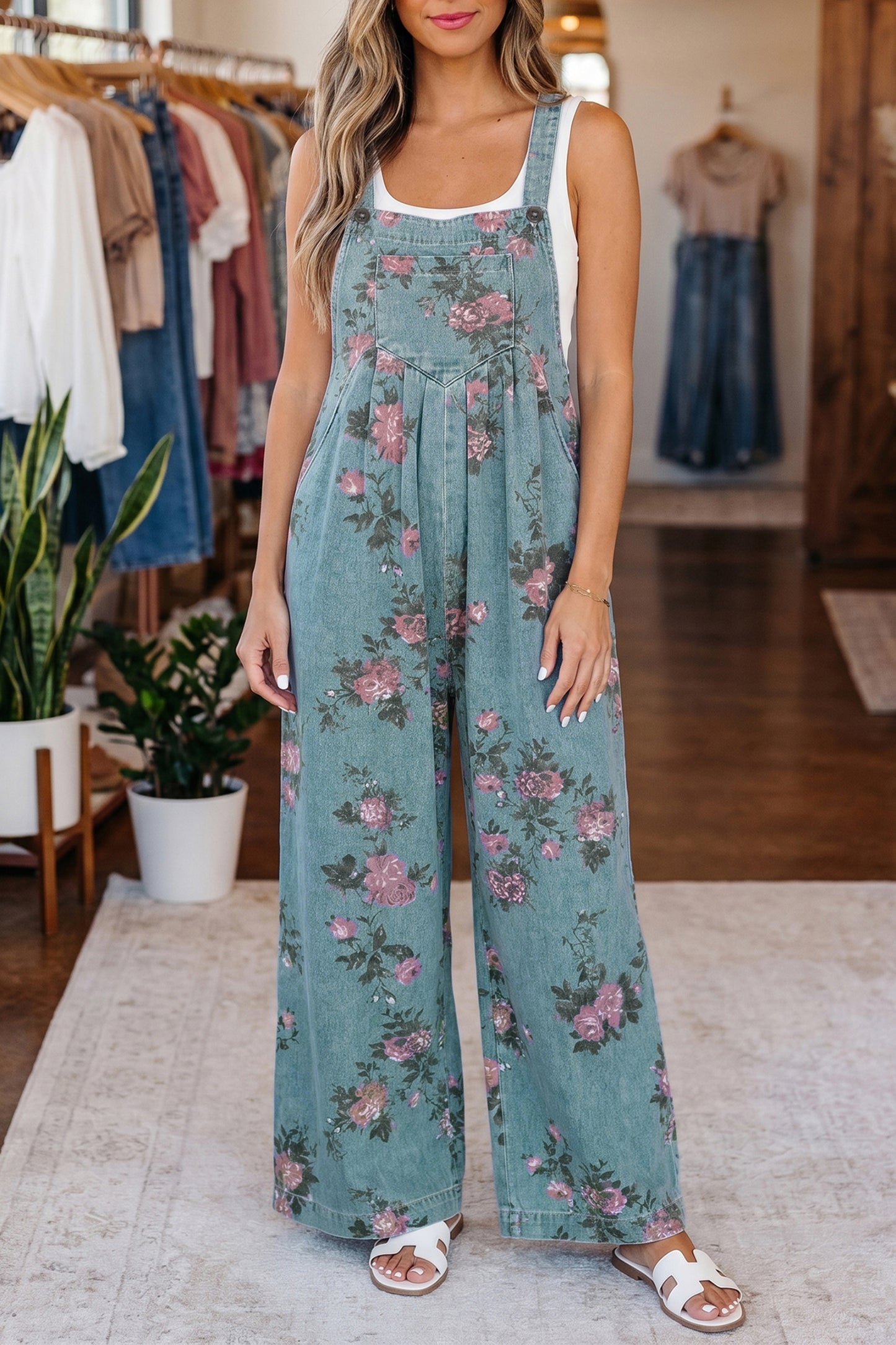 Beau Blue Floral Denim Jumpsuit Wide Leg Pleated Sleeveless Boho Overalls