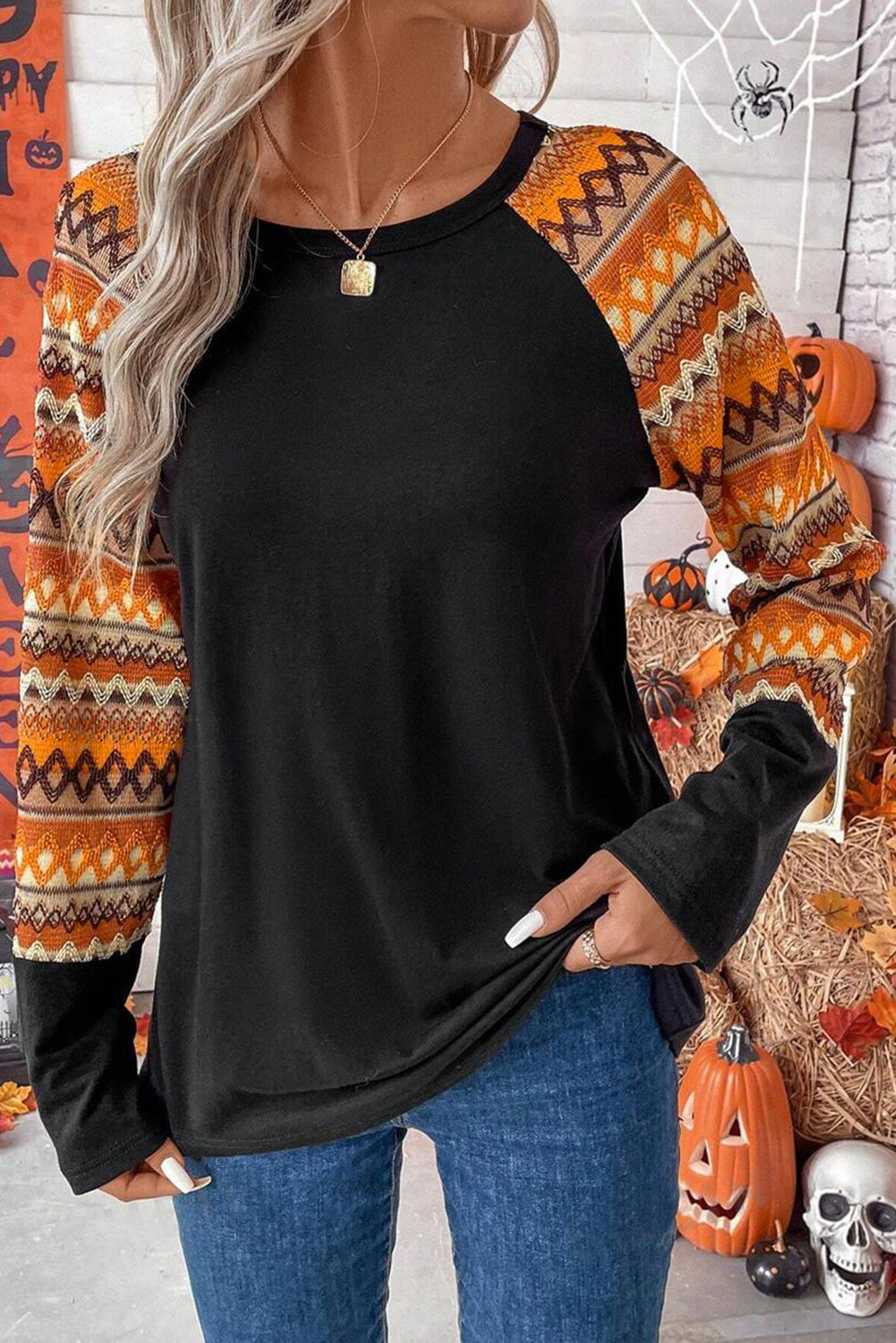 Orange Geo Print Raglan Patchwork Long Sleeve Tee - Scarlett's Riverside Boutique 