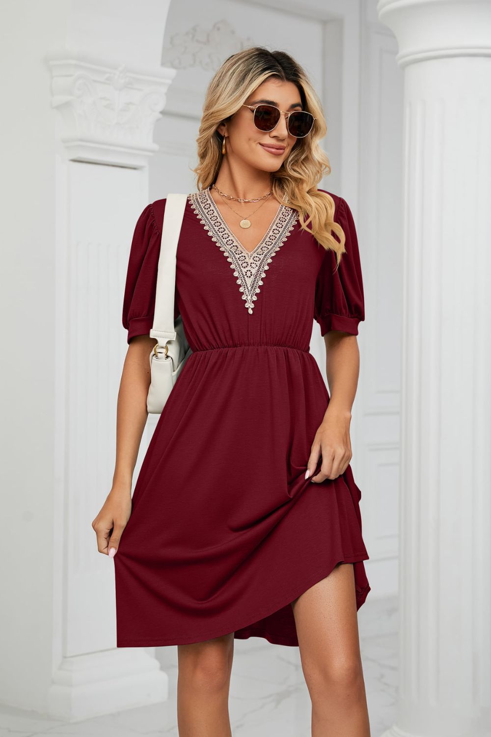 Contrast V-Neck Puff Sleeve Pocket Dress - Scarlett's Riverside Boutique 