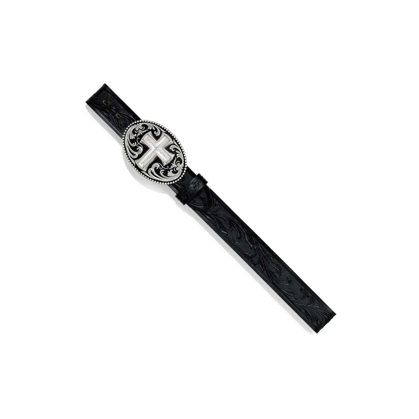 Tony Lama Black Tooled Leather Western Belt Cross Silver Buckle Size 36 Made USA