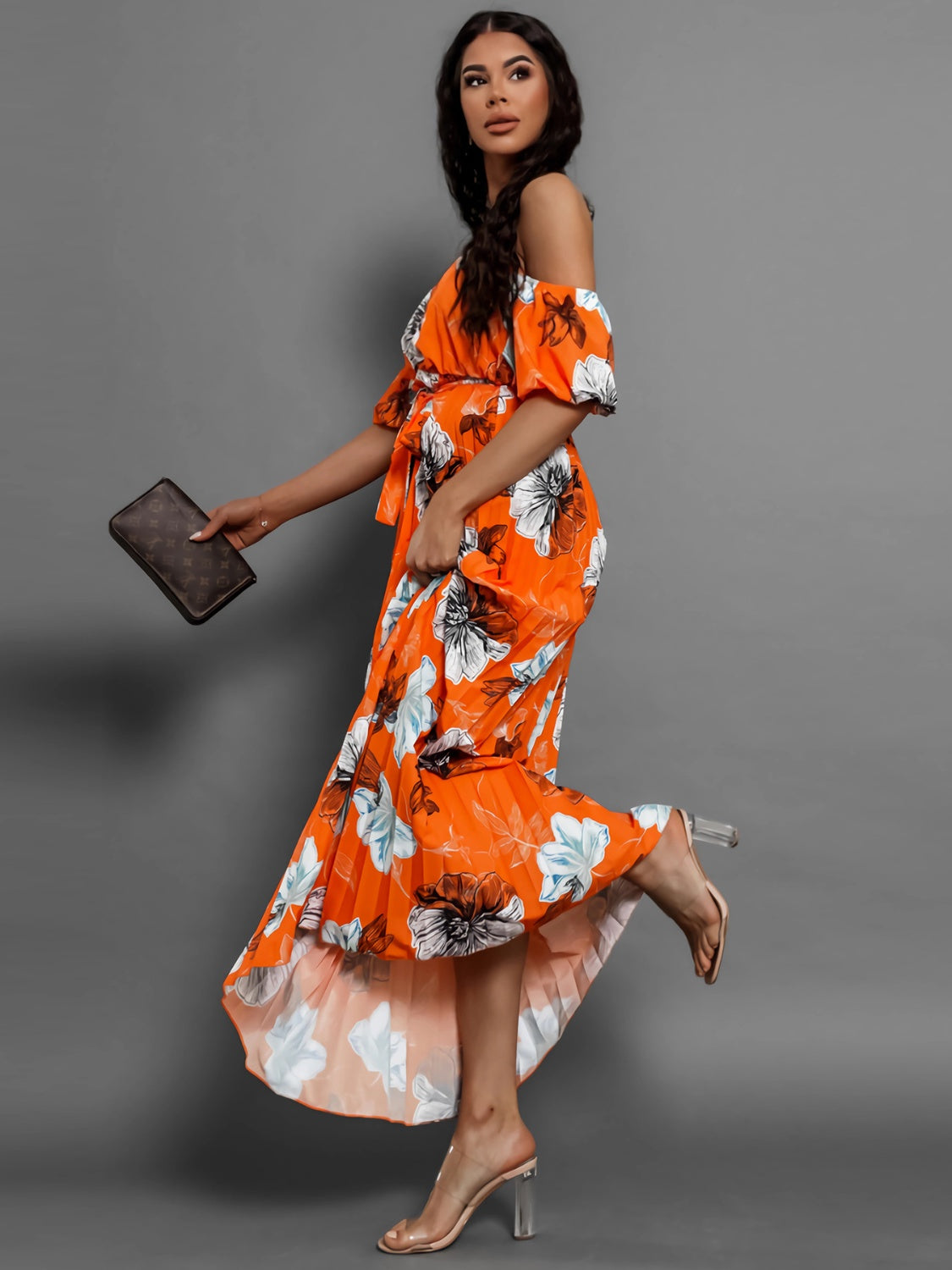 Pleated Floral Off-Shoulder Short Sleeve Midi Dress - Scarlett's Riverside Boutique 