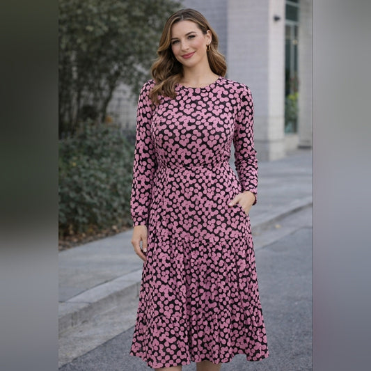 MNG Mango Pink & Black Polka Dot Long Sleeve Midi Dress | Size L #29