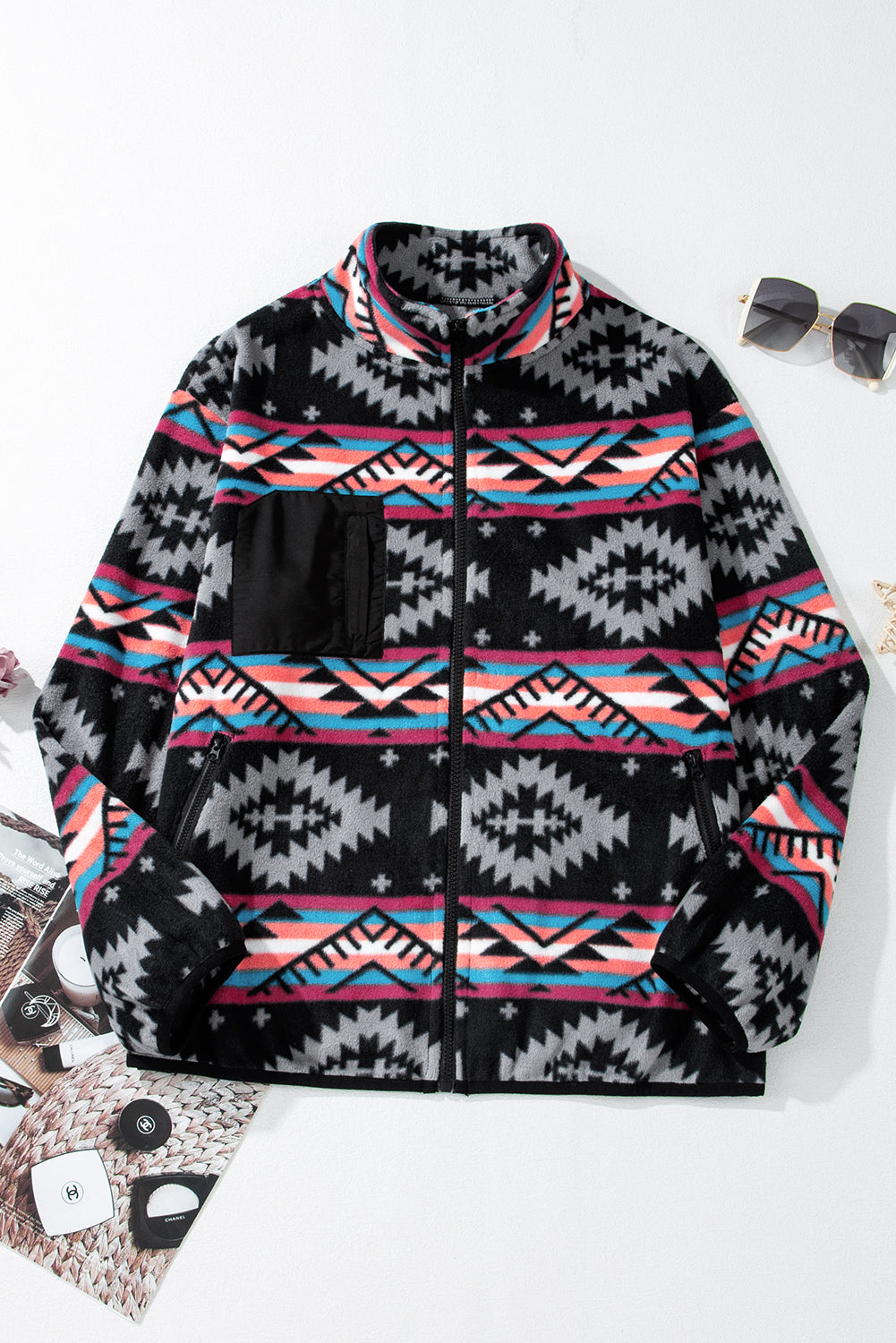 Black Aztec Printed Zip Up Collar Jacket - Scarlett's Riverside Boutique 