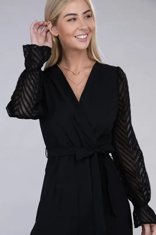 Sheer sleeve and Wide leg Jumpsuit - Scarlett's Riverside Boutique 