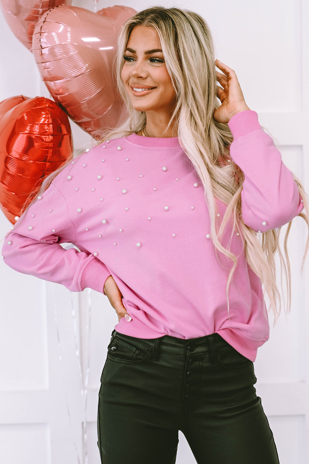 Bonbon Pearl Detail Ribbed Crew Neck Sweatshirt - Scarlett's Riverside Boutique 