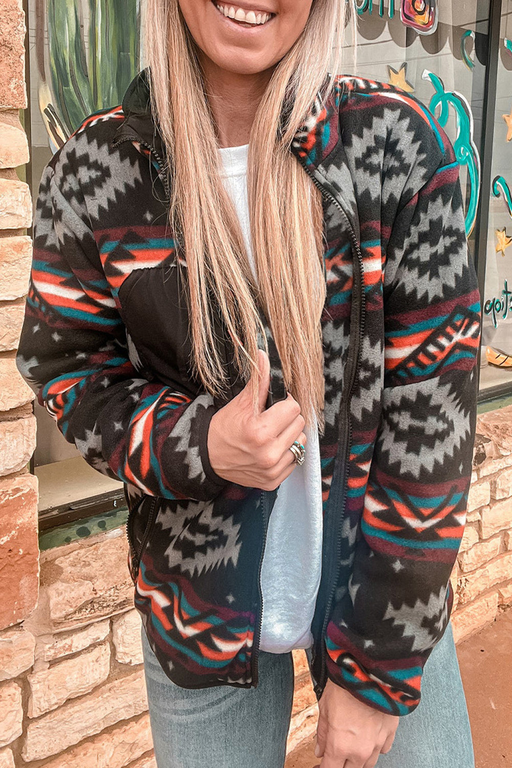 Black Aztec Printed Zip Up Collar Jacket - Scarlett's Riverside Boutique 