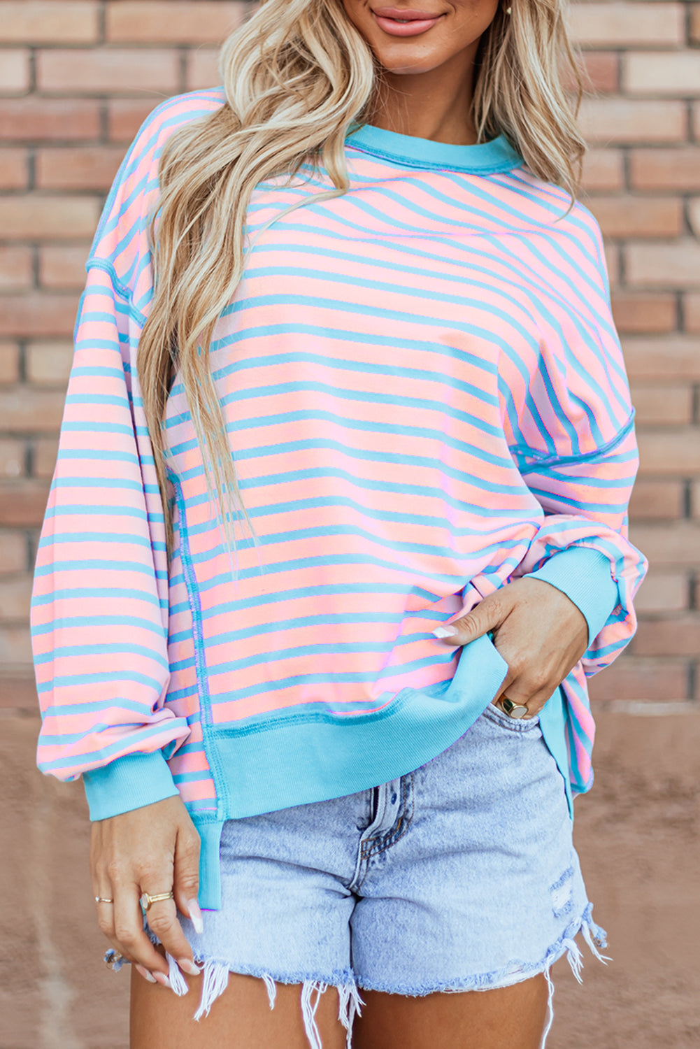 Pink Stripe Contrast Trim High Low Pullover Tunic Sweatshirt - Scarlett's Riverside Boutique 