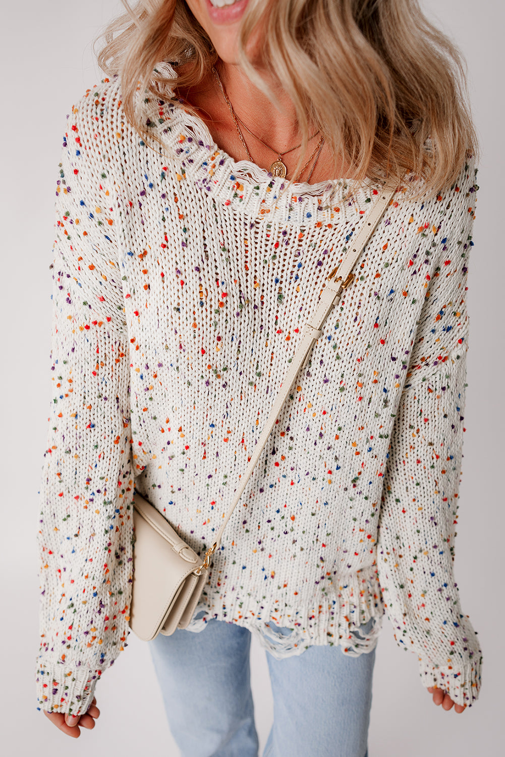 White Colorful Confetti Distressed Knit Sweater - Scarlett's Riverside Boutique 