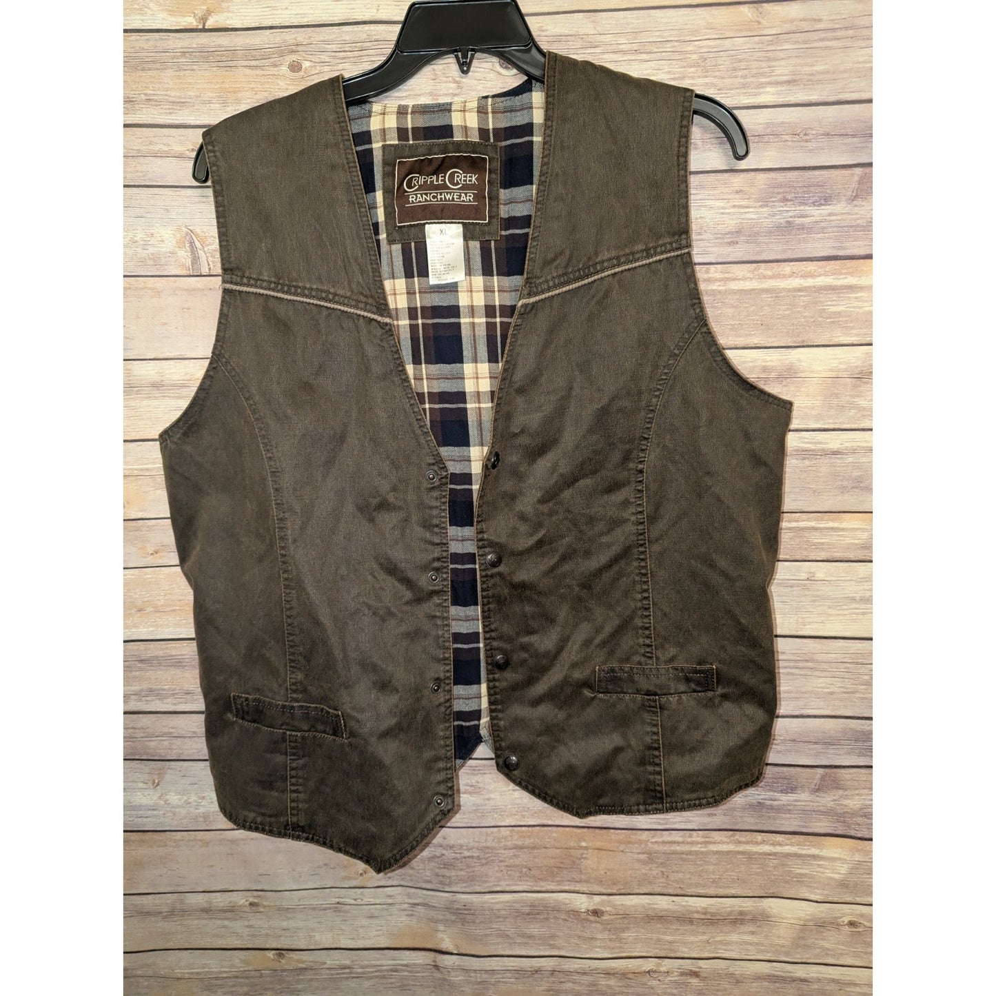 Cripple Creek L Large Faux Leather Snap Vest Flannel Lined Brown Western