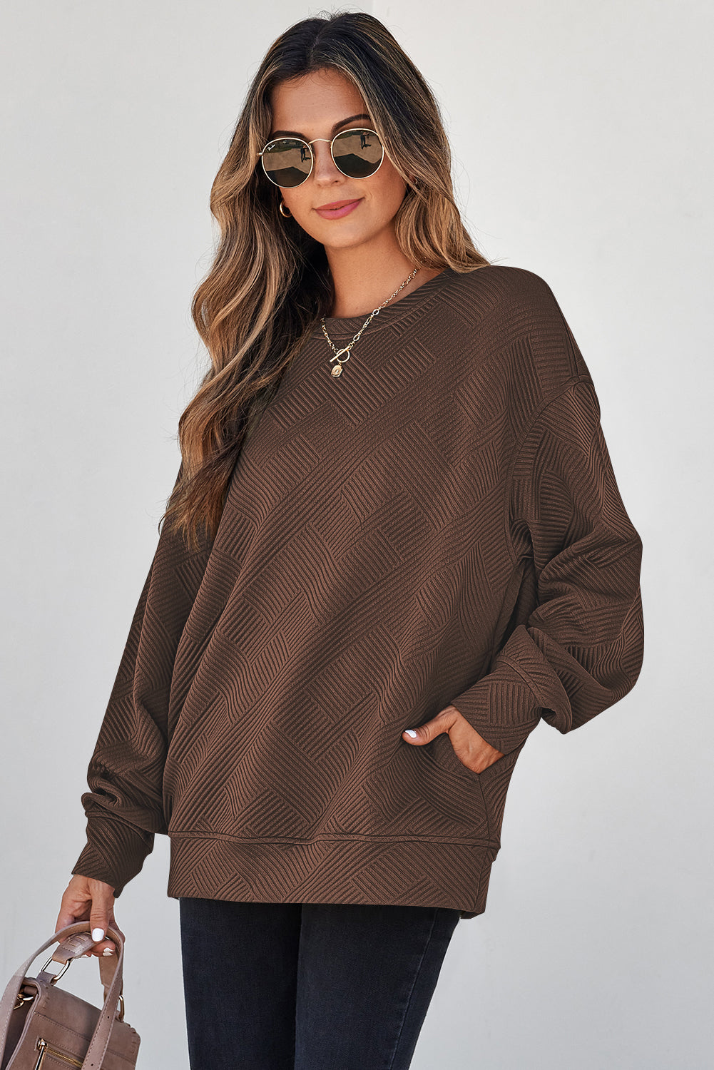 Black Solid Color Textured Round Neck Drop Shoulder Pullover Sweatshirt