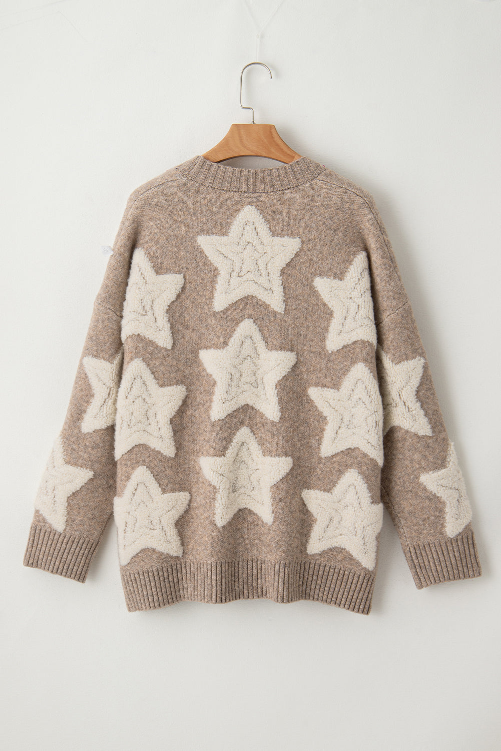 Khaki Sherpa Star Pattern Textured Sweater Cardigan with Pockets - Scarlett's Riverside Boutique 