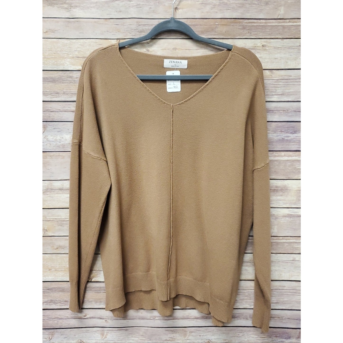 Zenana Camel V Neck Sweater Women’s Large Lightweight Hi Low Hem Long Sleeve Pul