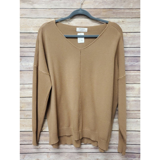 Zenana Camel V Neck Sweater Women’s Large Lightweight Hi Low Hem Long Sleeve Pul