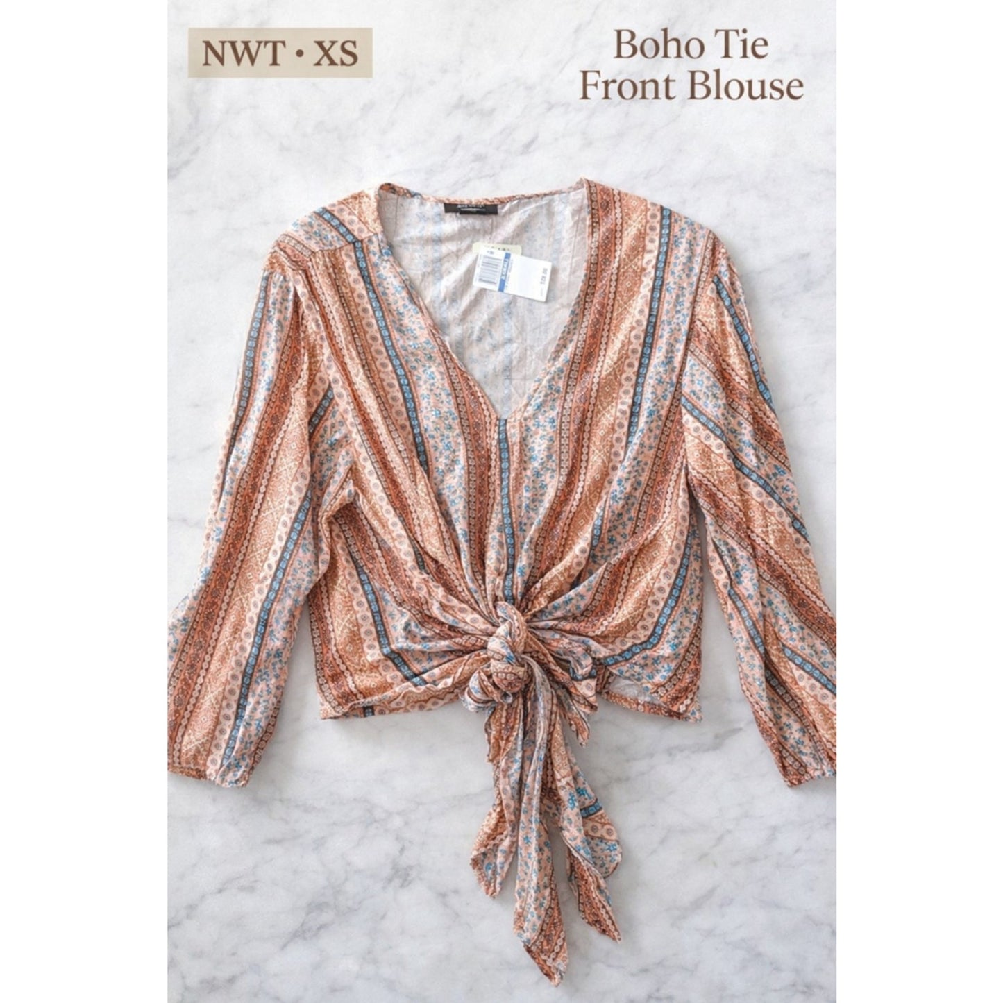 NWT XS Boho Tie Front Blouse Floral Stripe Peasant Top Lightweight Festival Top