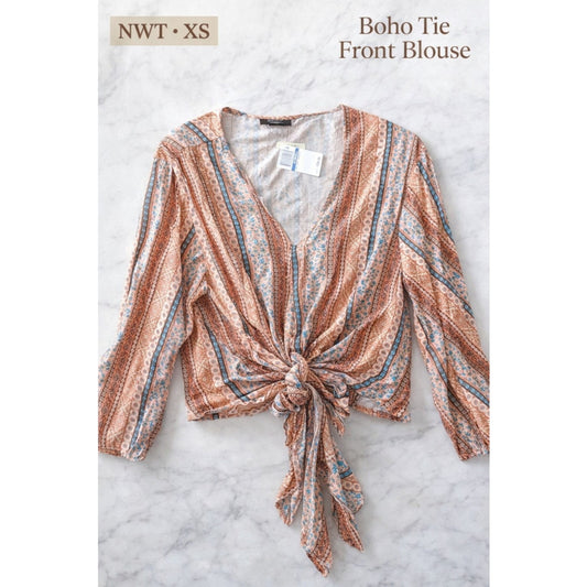 NWT XS Boho Tie Front Blouse Floral Stripe Peasant Top Lightweight Festival Top