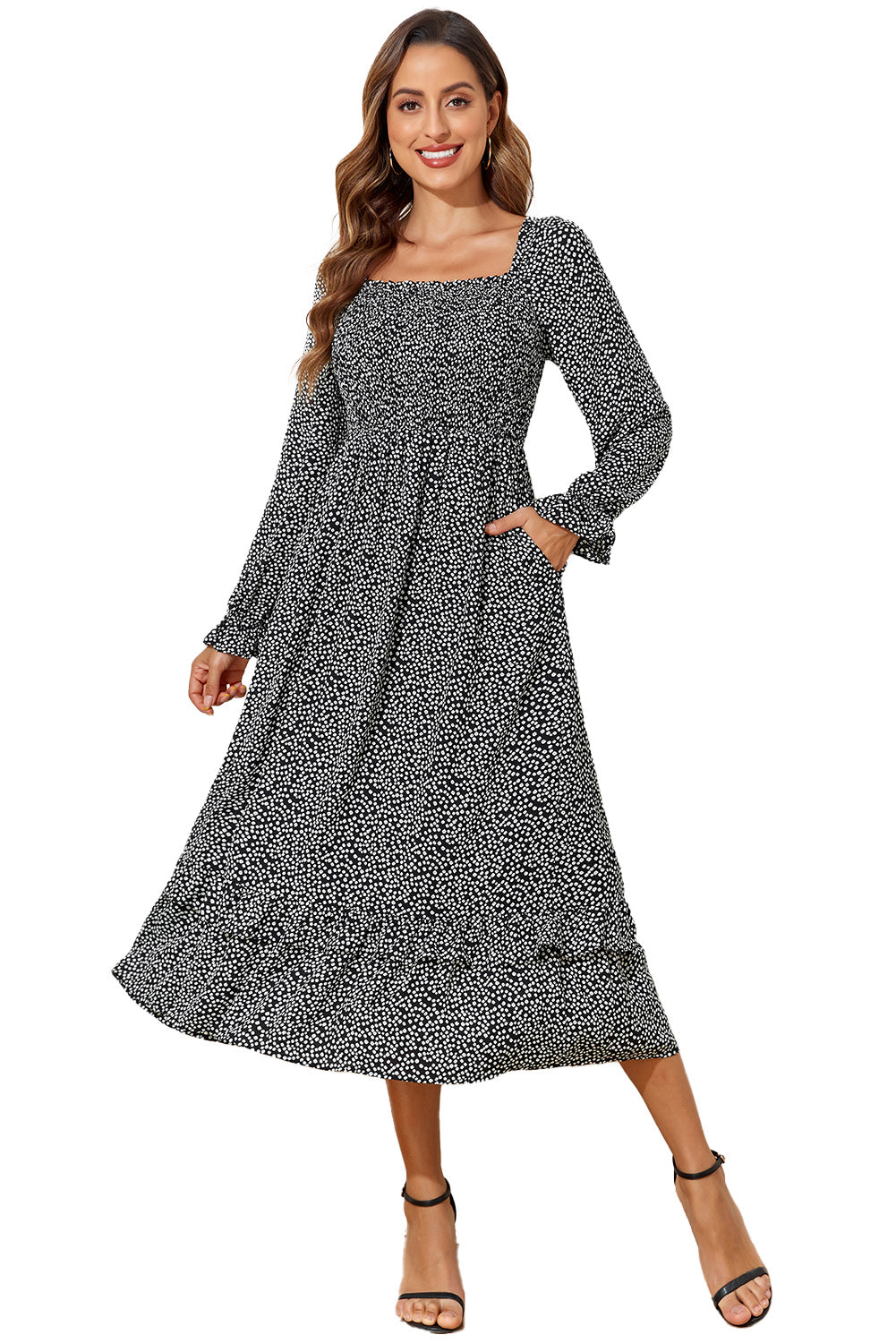 Black Floral Printed Long Sleeve Square Neck Midi Dress - Scarlett's Riverside Boutique 