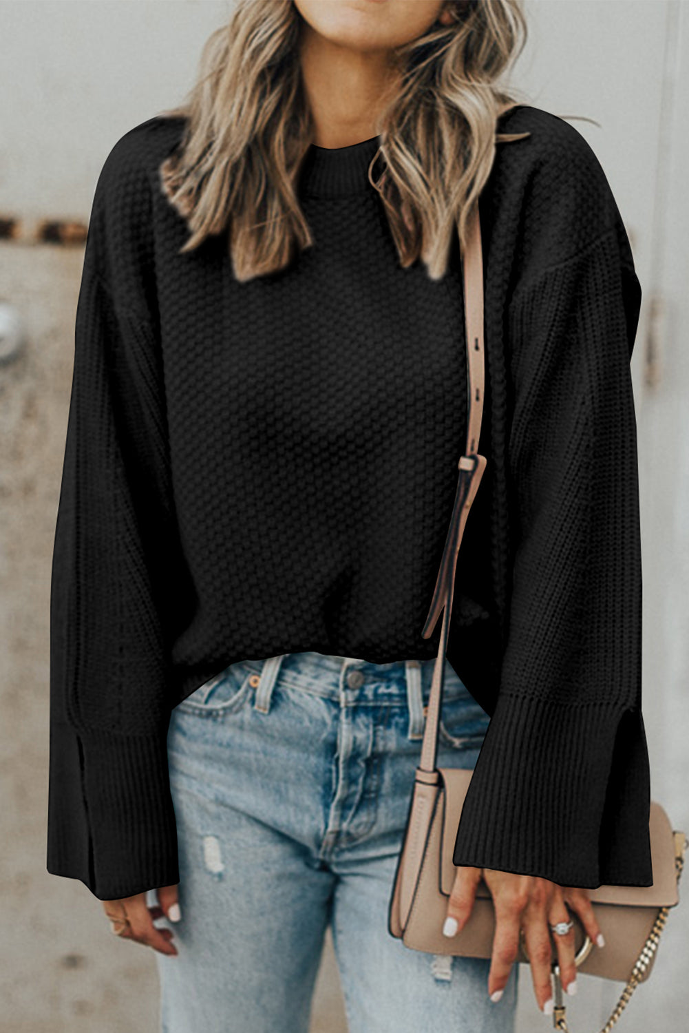 Parchment Solid Textured Knit Split Cuff Drop Shoulder Loose Sweater black or cream available!