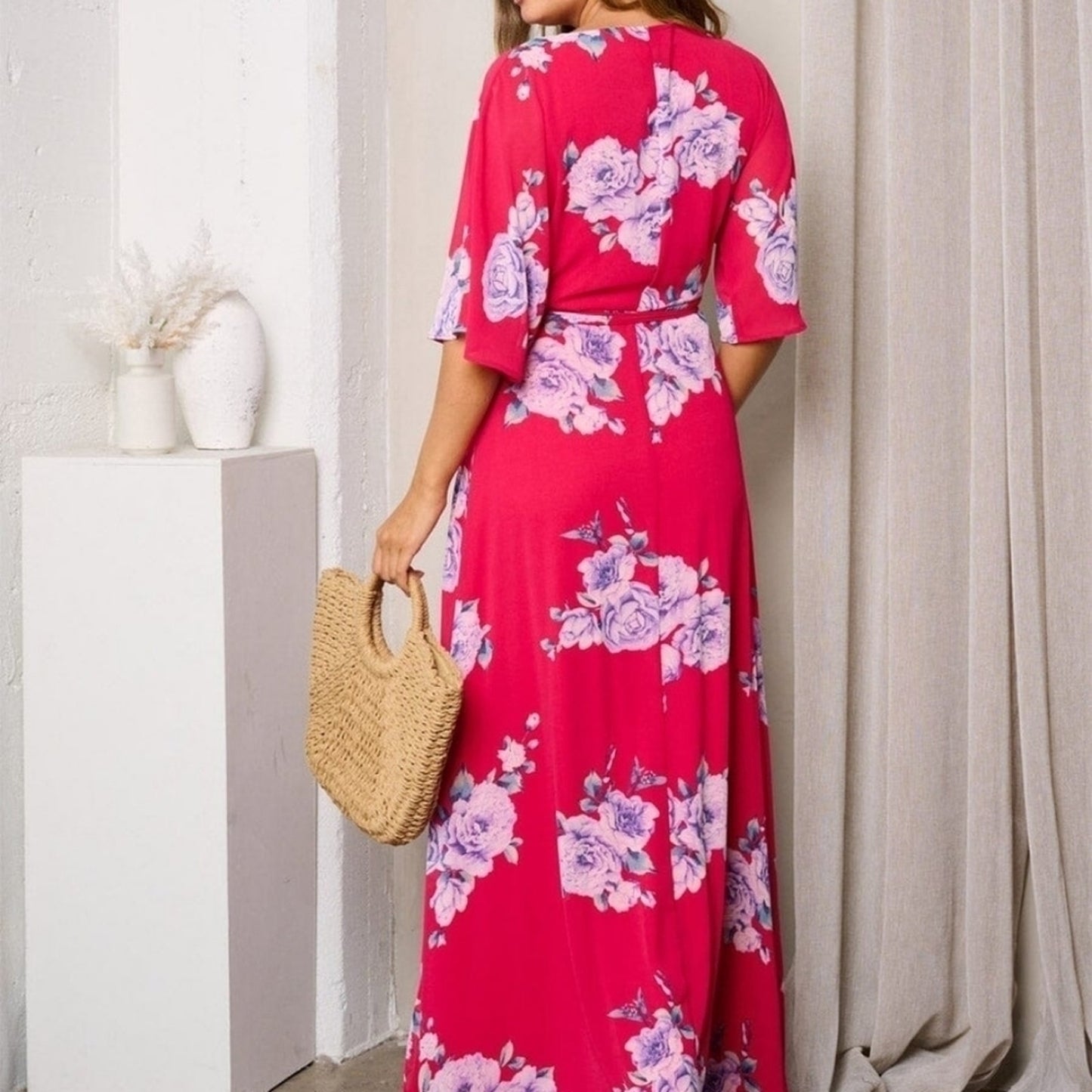 Hot pink wrap maxi dress #B58