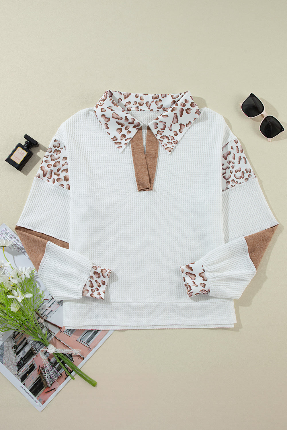 White Leopard Patchwork Turn-down Collar Waffle Top - Scarlett's Riverside Boutique 