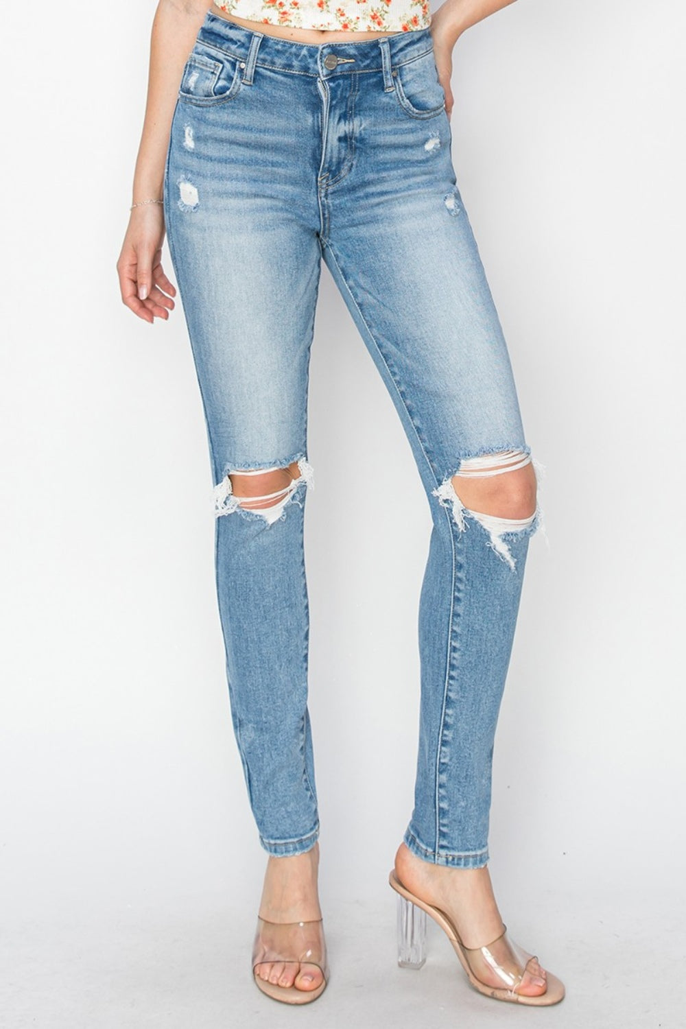 Risen Full Size High Rise Knee Distressed Skinny Jeans - Scarlett's Riverside Boutique 