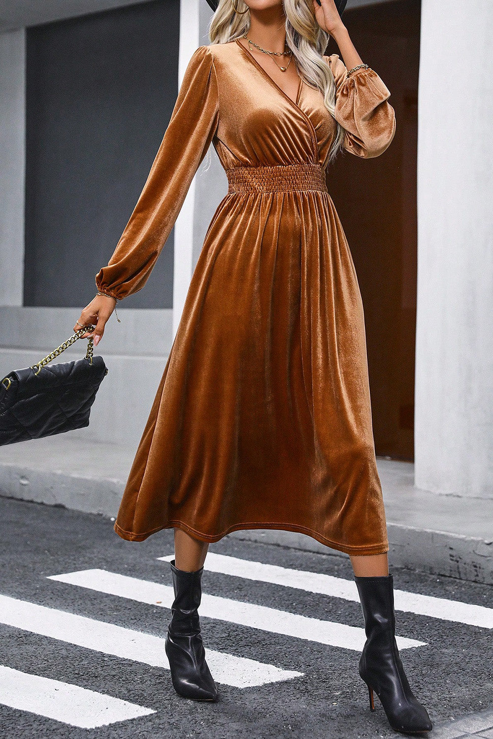 Camel Wrap V Neck Smocked High Waist Velvet Midi Dress - Scarlett's Riverside Boutique 