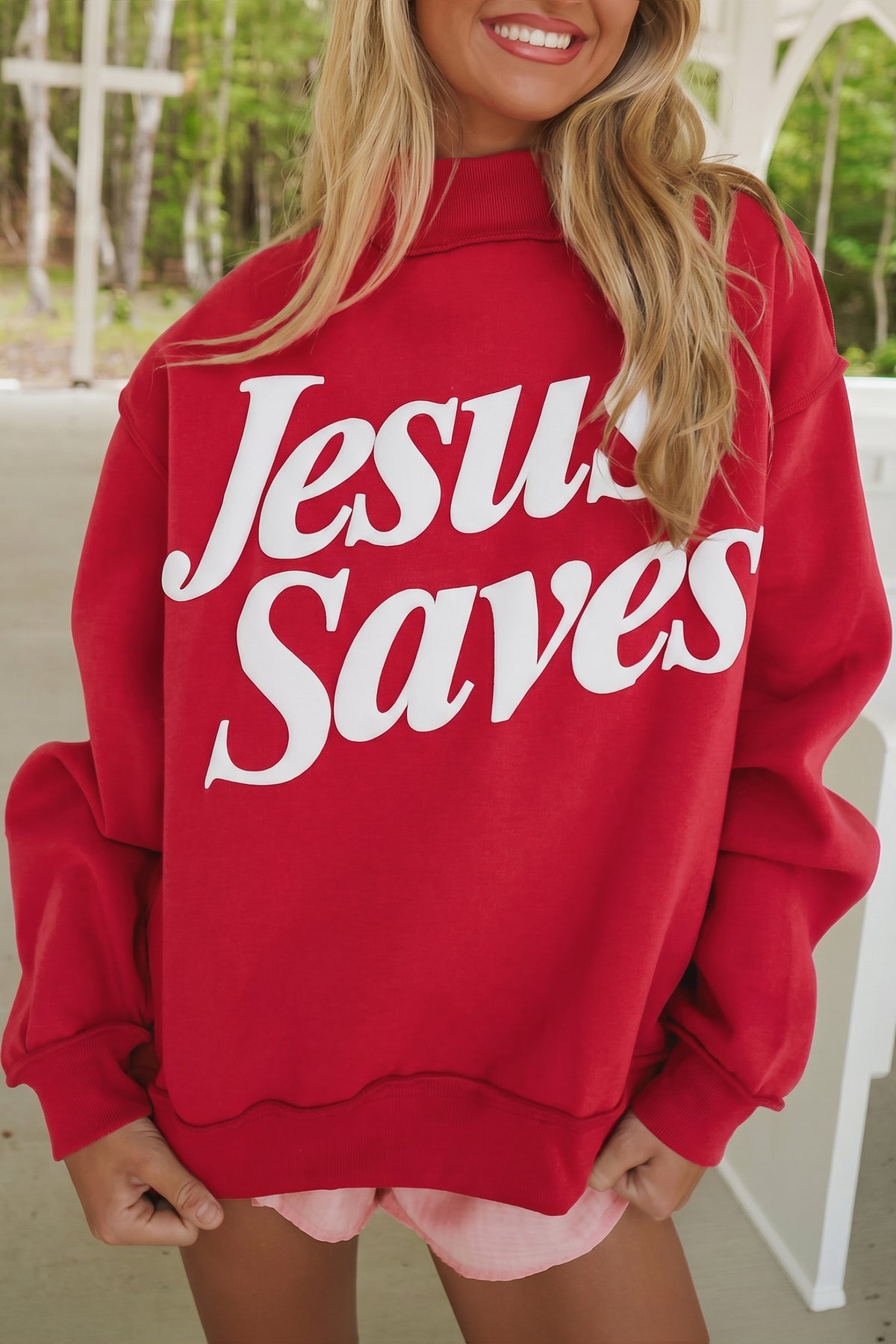 Dark Brown Jesus Saves Slogan Print Stand Neck Baggy Sweatshirt