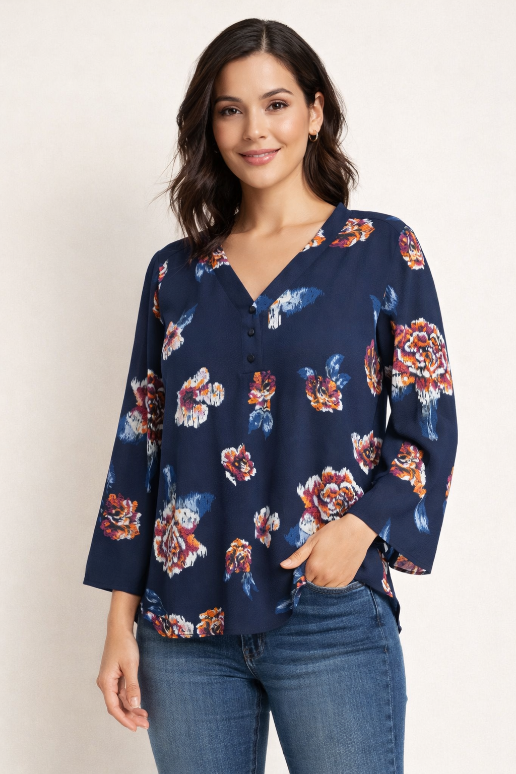 Van Heusen Navy Floral Blouse – Size Large | V-Neck Button Front # 21.
