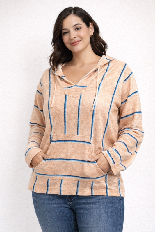 Natural Reflections, 100% cotton, Striped Long-Sleeve Bonfire Hoodie for Ladies - Almost Apricot. Sz M