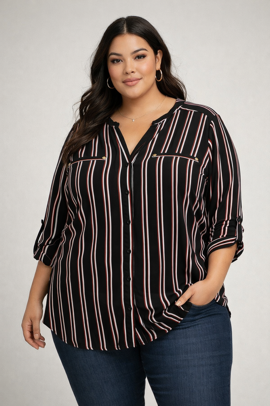 Simply Emma 2XL Black Striped Blouse Red White Vertical Stripe Button Front Roll Tab Sleeve Plus Size Top
