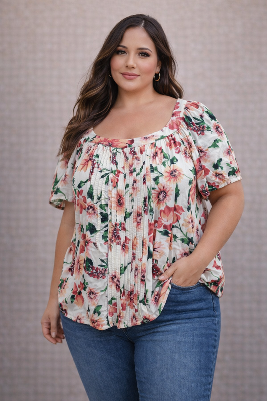 Floral Pleated Scoop Neck Blouse Short Sleeve Cream Pink Green Size 2XL #68