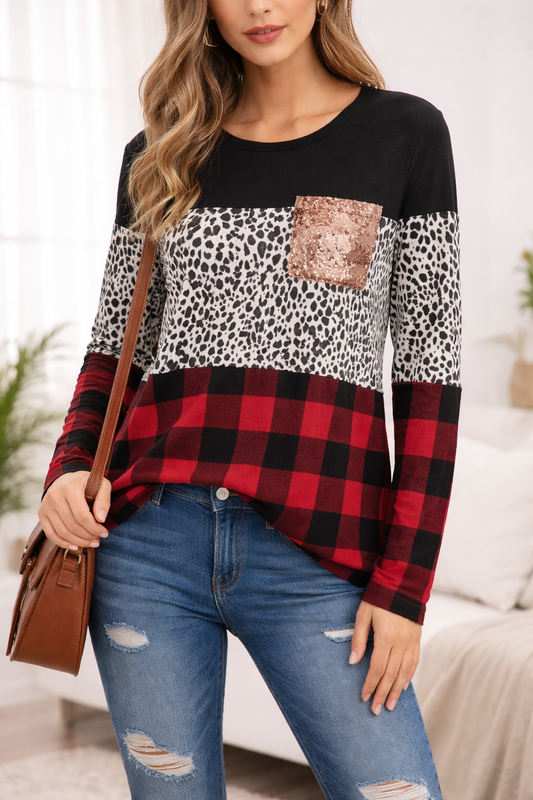 Colorblock Leopard Buffalo Pld Top with Sequin Pocket Long Sleeve Blouse. Sz L