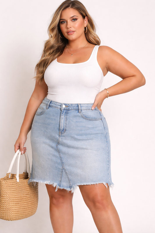 Cello Women’s 2XL Light Blue Denim Skirt Raw Hem Frayed Distressed –#B27