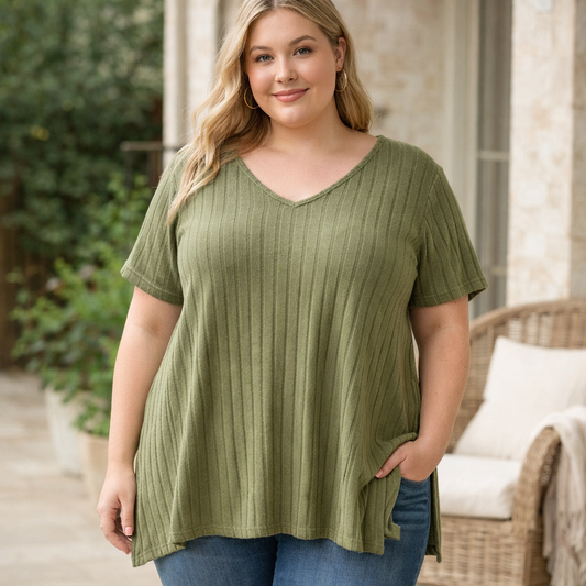 NWT Plus Size 2XL Olive Green Ribbed Knit V-Neck Tunic Top Short Sleeve Boho