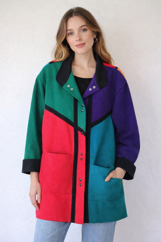 Vintage International Scene Colorblock Wool Coat 70s Women’s 9/10 Colors Abstract
