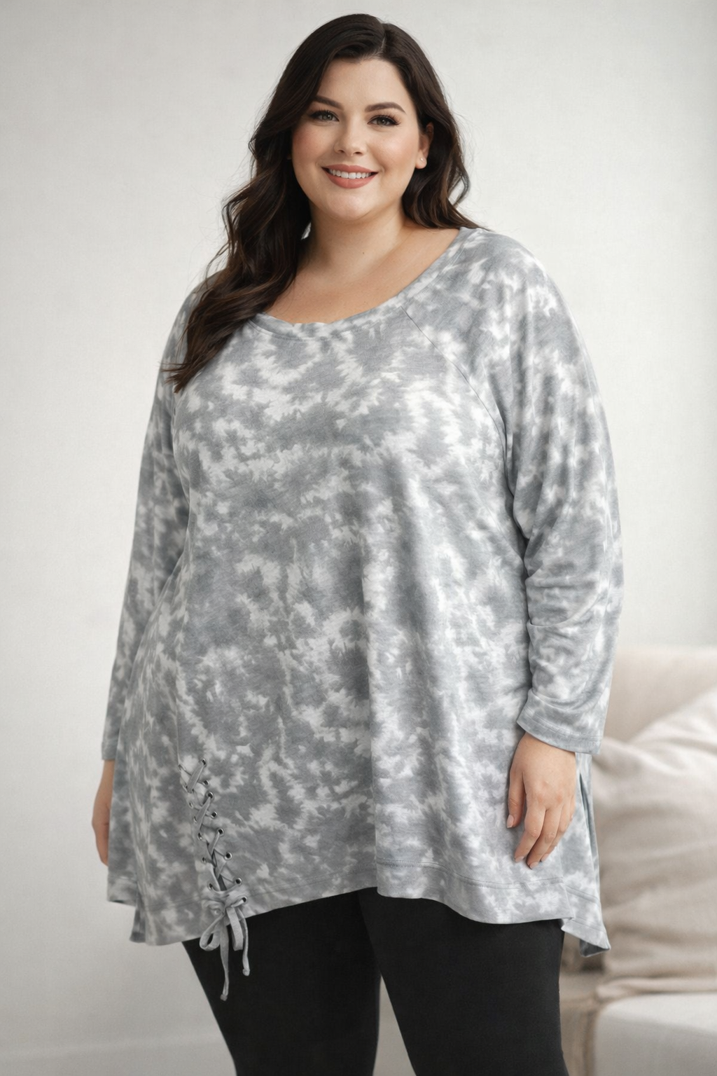 Livi Active Plus Size 26/28 Tie Dye Tunic Top NWT Gray Lace-Up Hem Soft Casual