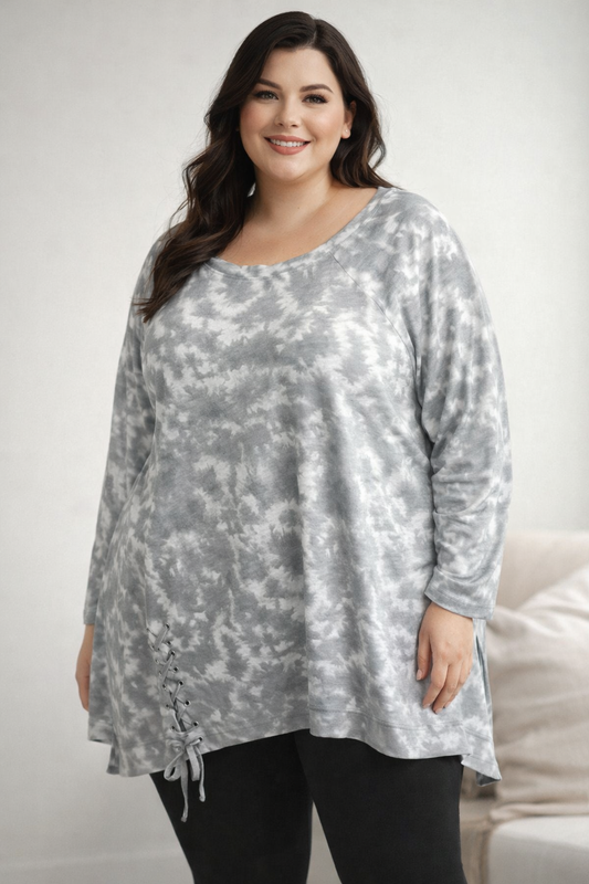 Livi Active Plus Size 26/28 Tie Dye Tunic Top NWT Gray Lace-Up Hem Soft Casual