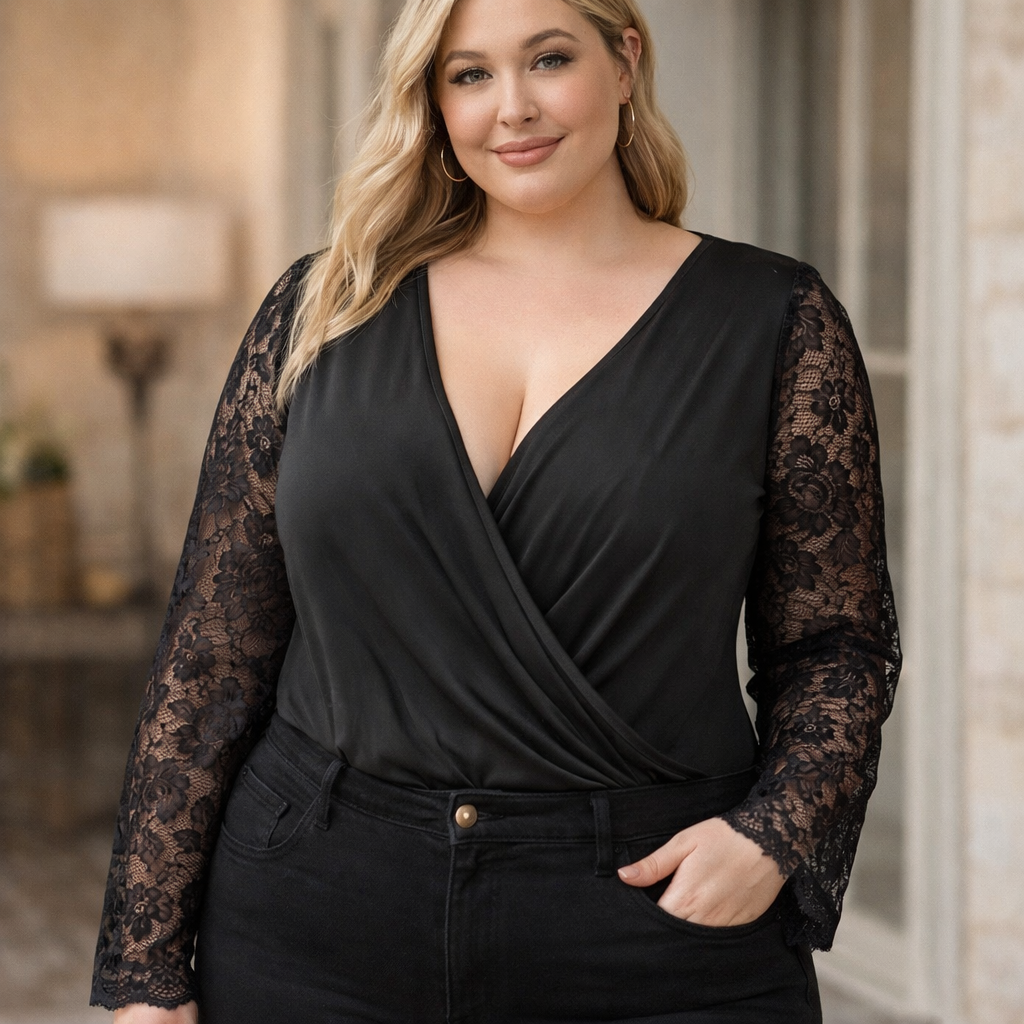 NWT Plus Size 2XL Black Lace Sleeve Bodysuit V Neck Wrap Front Long Sleeve Sexy Stretch Top