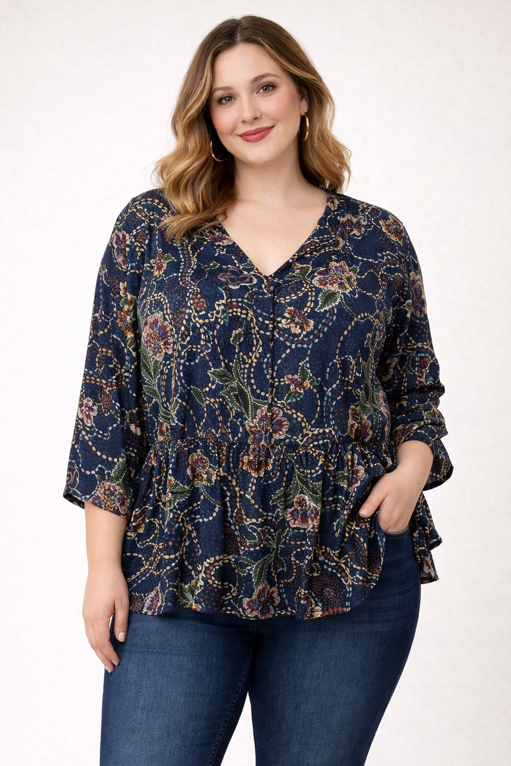 Joanna Plus Navy Floral Peplum Blouse – Plus Size 2xl # 68