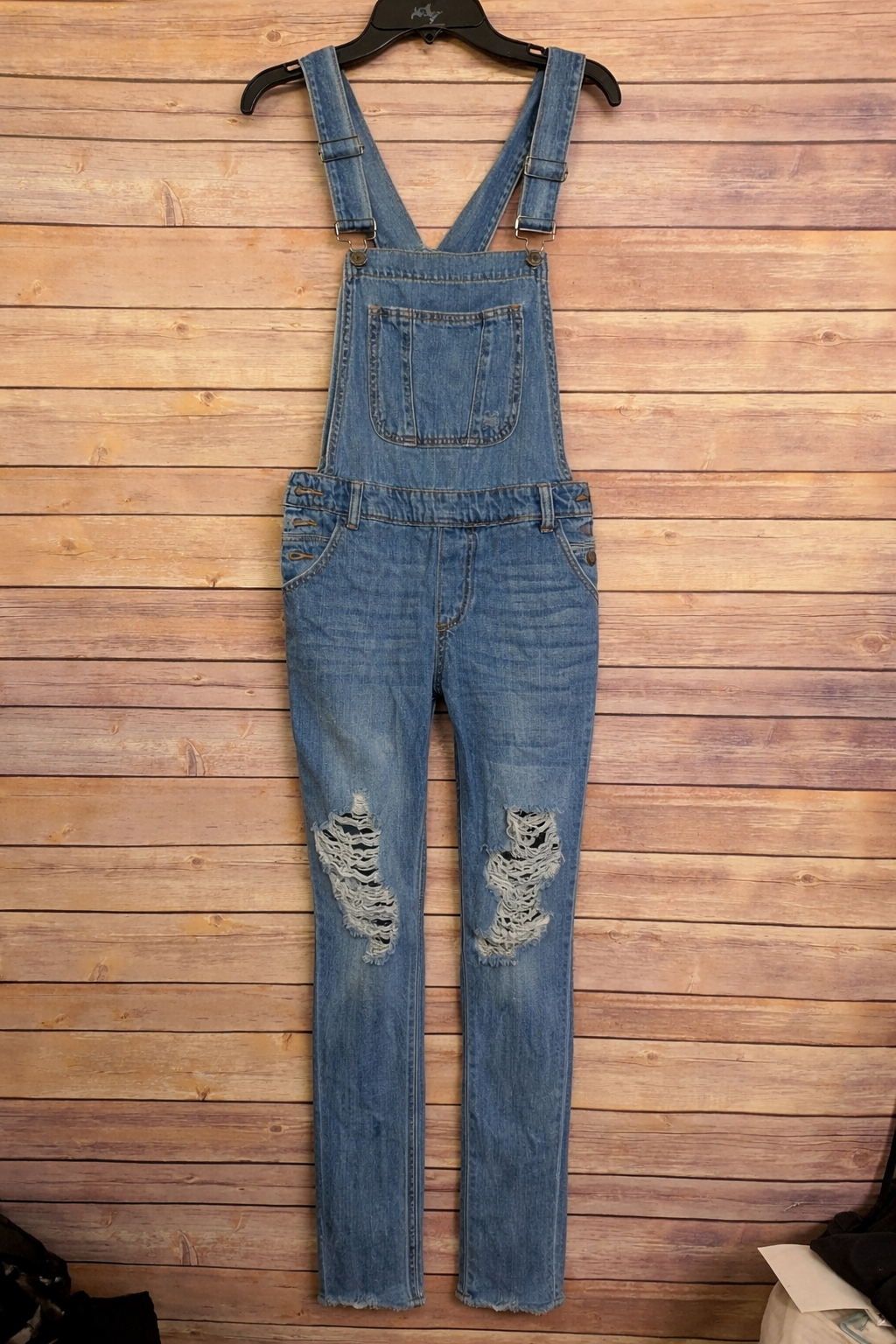 Distressed Denim Overalls Women Size S Blue Jean Jumpsuit Adjustable Straps