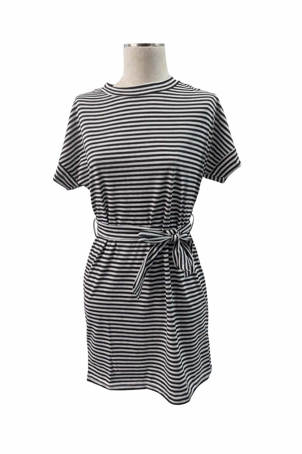 NWT Black & White Striped T-Shirt Dress Size L Tie Waist Short Sleeve Casual Chic. #A5