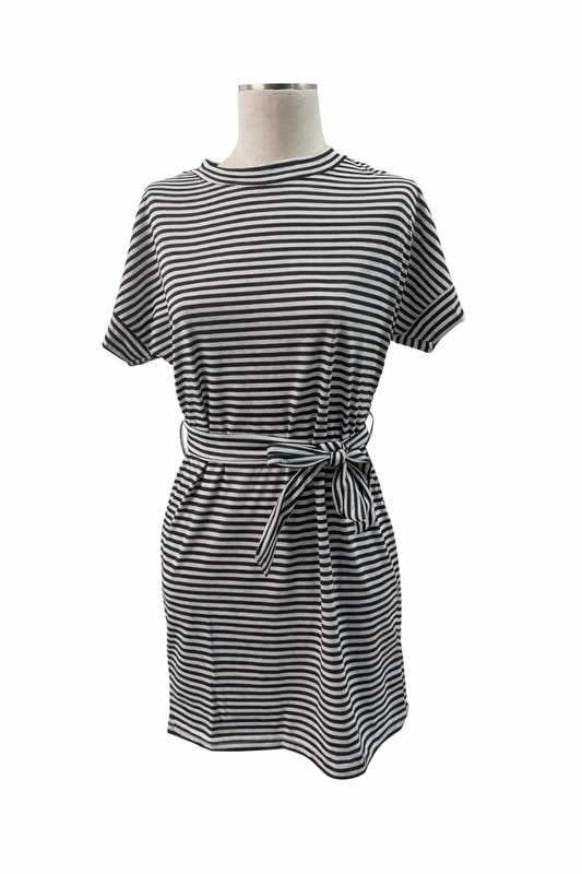 NWT Black & White Striped T-Shirt Dress Size L Tie Waist Short Sleeve Casual Chic. #A5