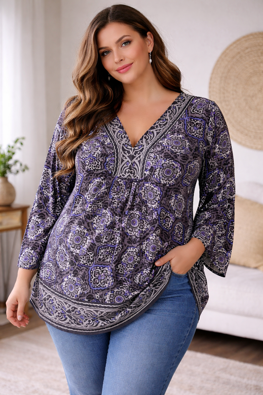 Rafaella Plus Size 3XL Black Purple Gray Printed V-Neck Tunic Blouse #68